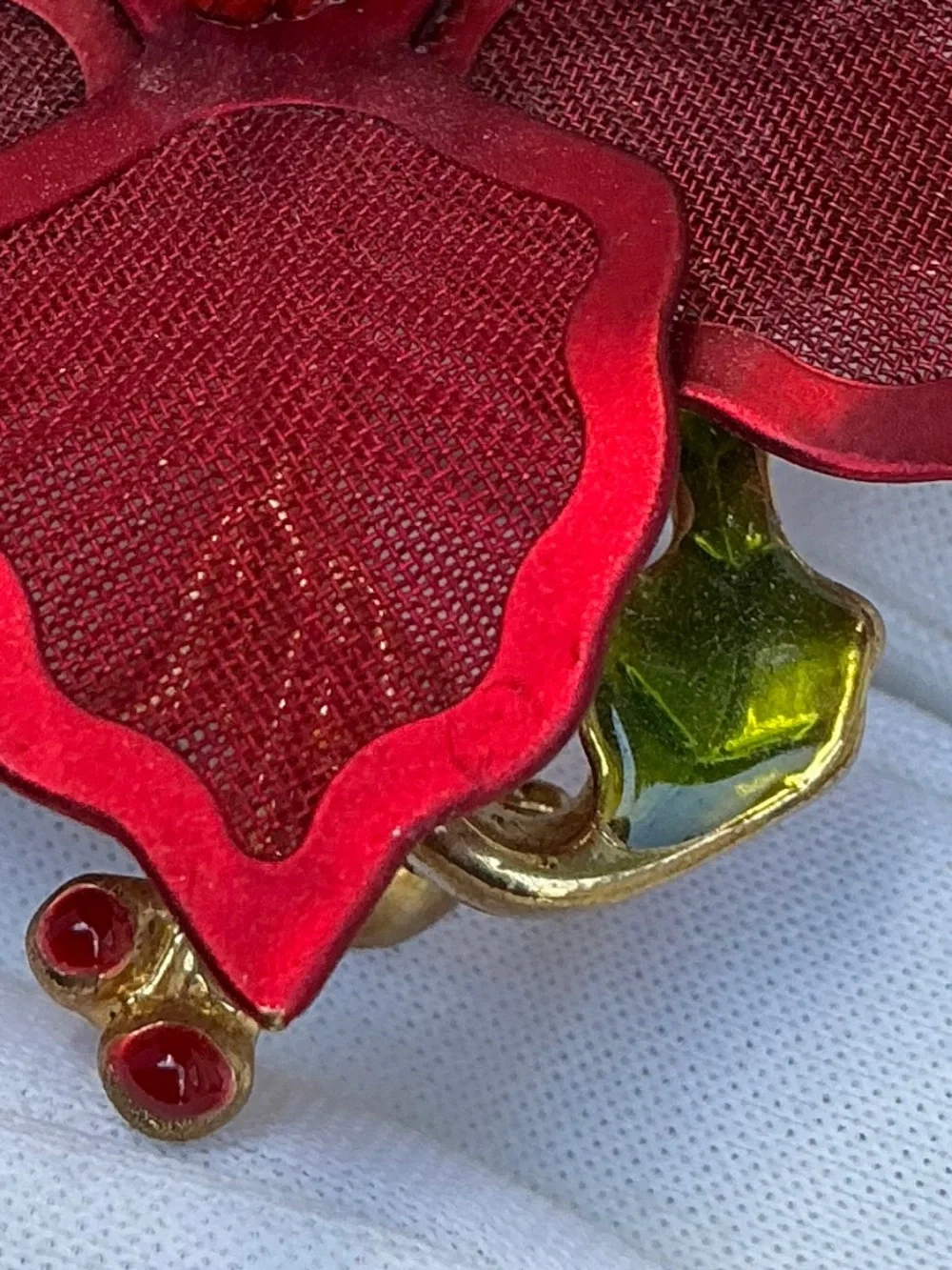 Vintage 1990s Kenneth Cole Signed Red Mesh Poinsettia Brooch Holiday Pin